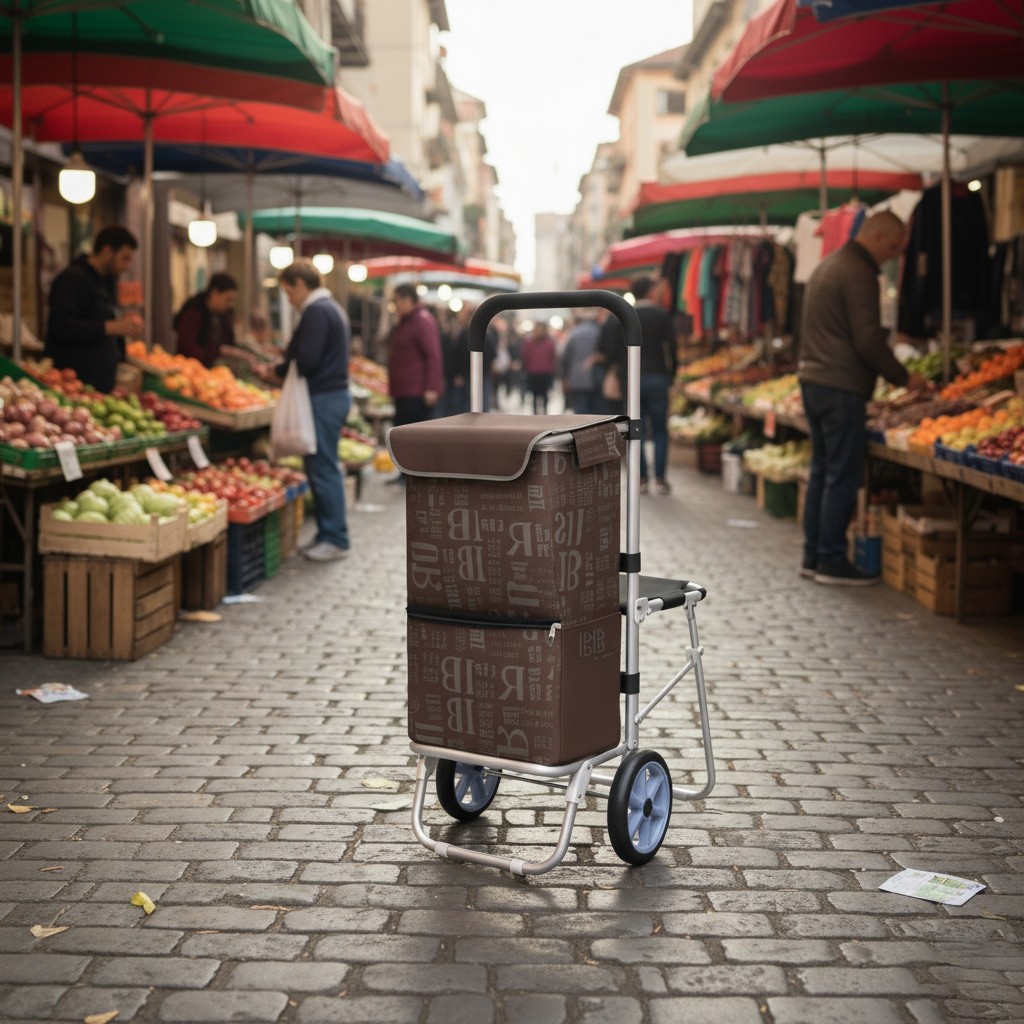 Katlanabilir Oturaklı Alüminyum Gövdeli Pazar Arabası – Sessiz Tekerlek, Fermuarlı Çanta Kahverengi