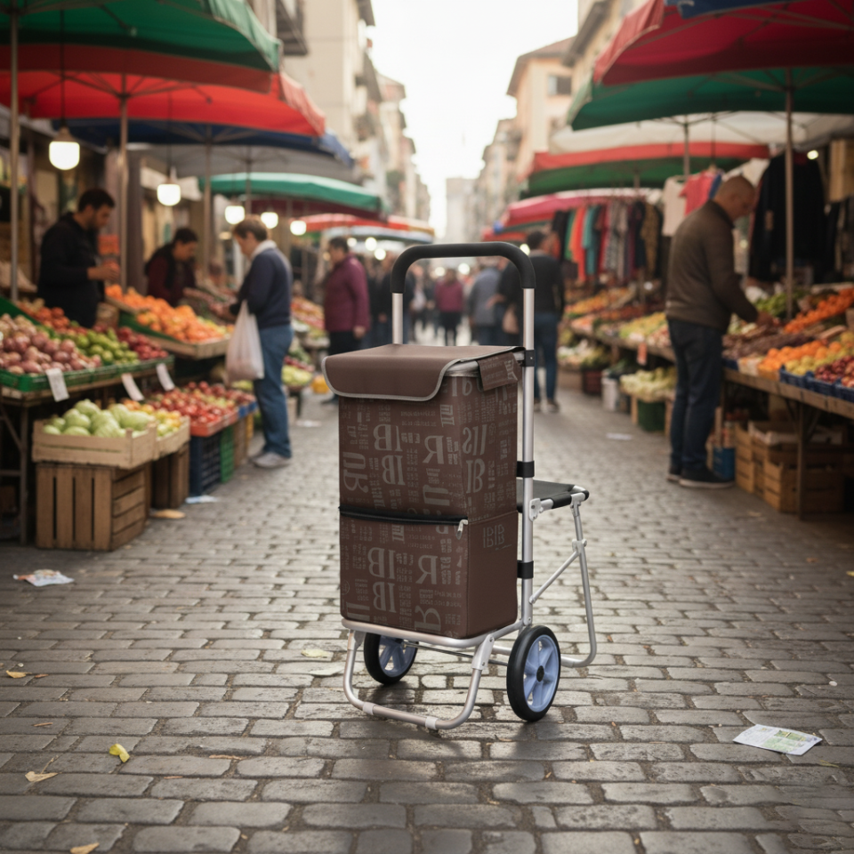 Katlanabilir Oturaklı Alüminyum Gövdeli Pazar Arabası – Sessiz Tekerlek, Fermuarlı Çanta Kahverengi