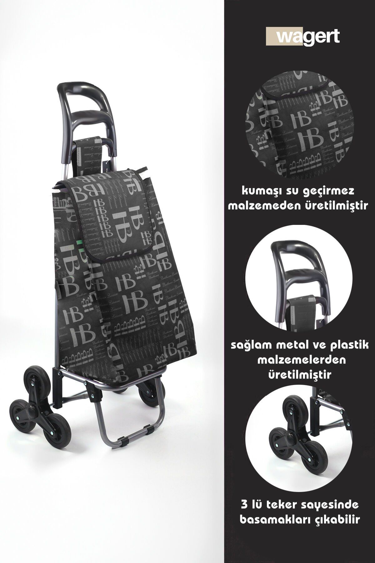 Merdiven Çıkabilen 3 Tekerlekli Su Geçirmez Çantalı Alüminyum Gövdeli Pazar Arabası Siyah
