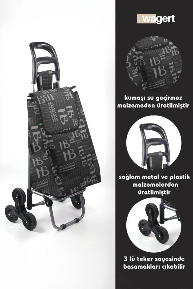 Merdiven Çıkabilen 3 Tekerlekli Su Geçirmez Çantalı Alüminyum Gövdeli Pazar Arabası Siyah