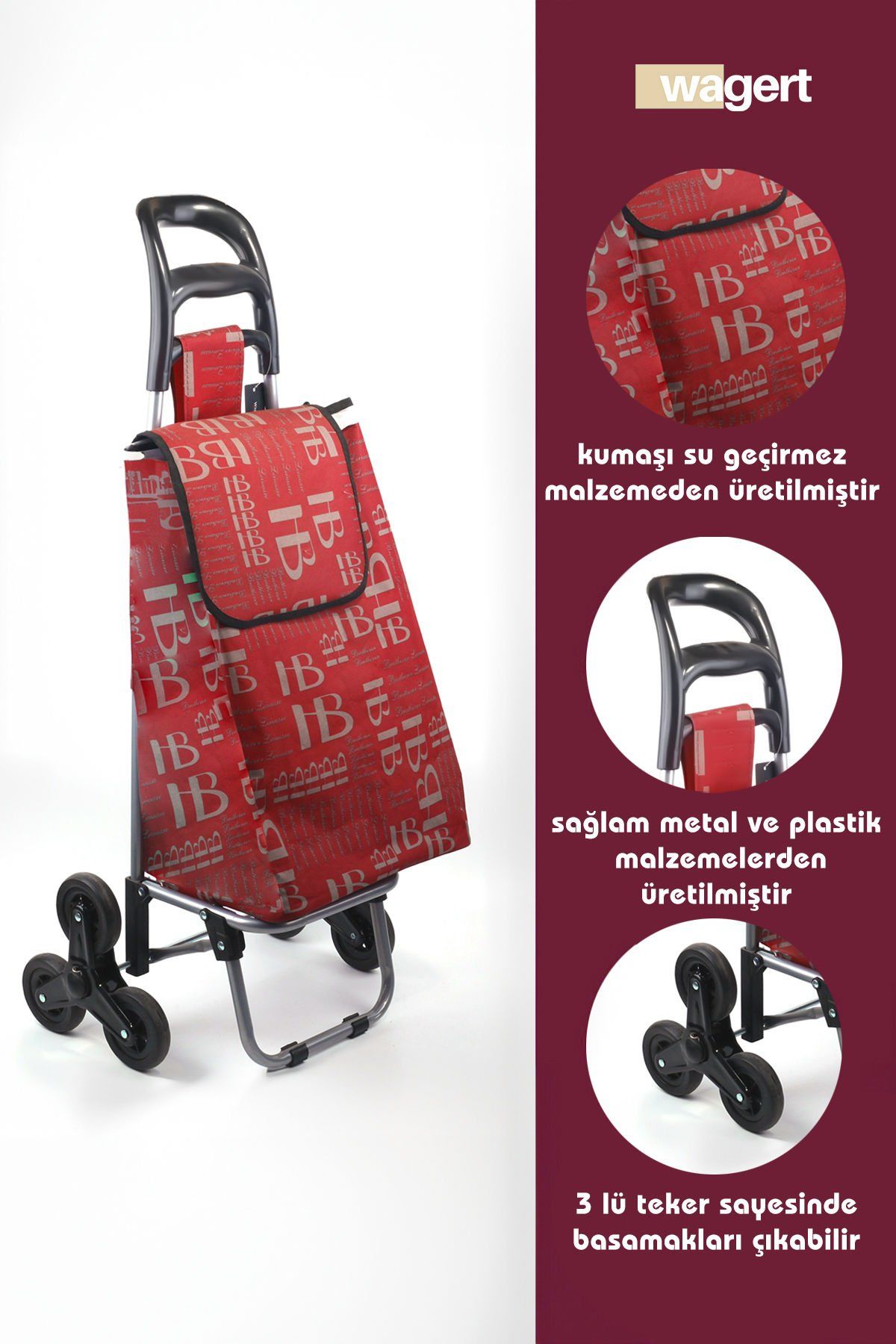 Merdiven Çıkabilen 3 Tekerlekli Su Geçirmez Çantalı Alüminyum Gövdeli Pazar Arabası Kırmızı