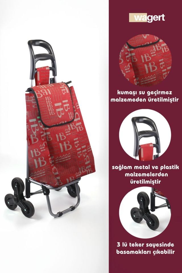 Merdiven Çıkabilen 3 Tekerlekli Su Geçirmez Çantalı Alüminyum Gövdeli Pazar Arabası Kırmızı
