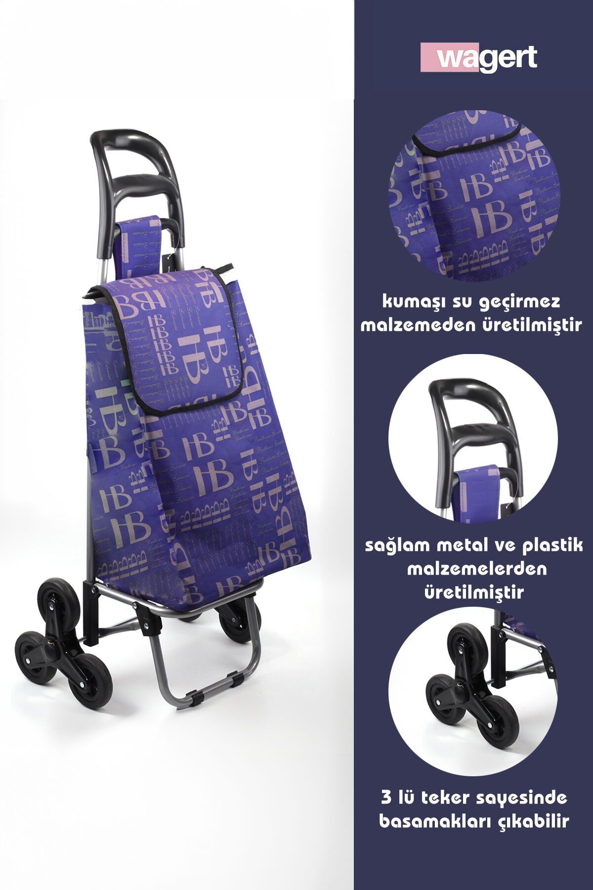 Merdiven Çıkabilen 3 Tekerlekli Su Geçirmez Çantalı Alüminyum Gövdeli Pazar Arabası Lacivert