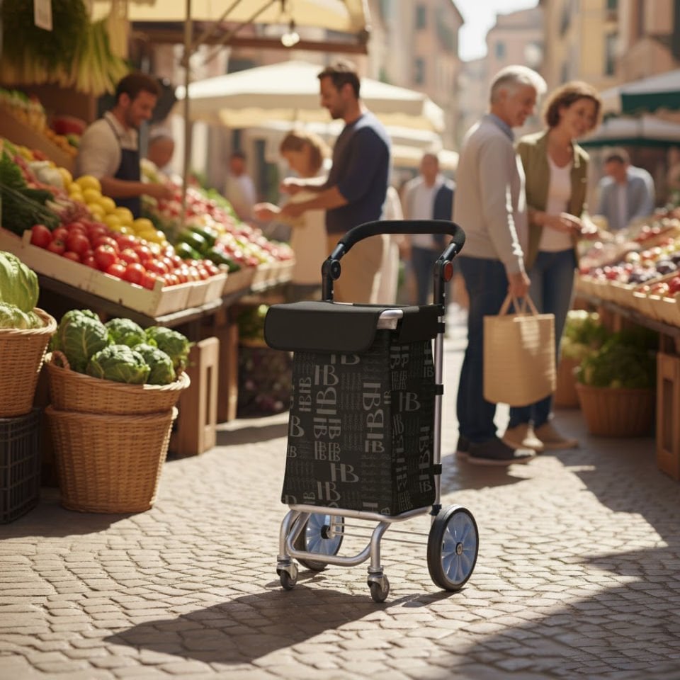 360° Döner 4 Tekerlekli Su Geçirmez Çantalı Alüminyum Pazar Arabası Siyah