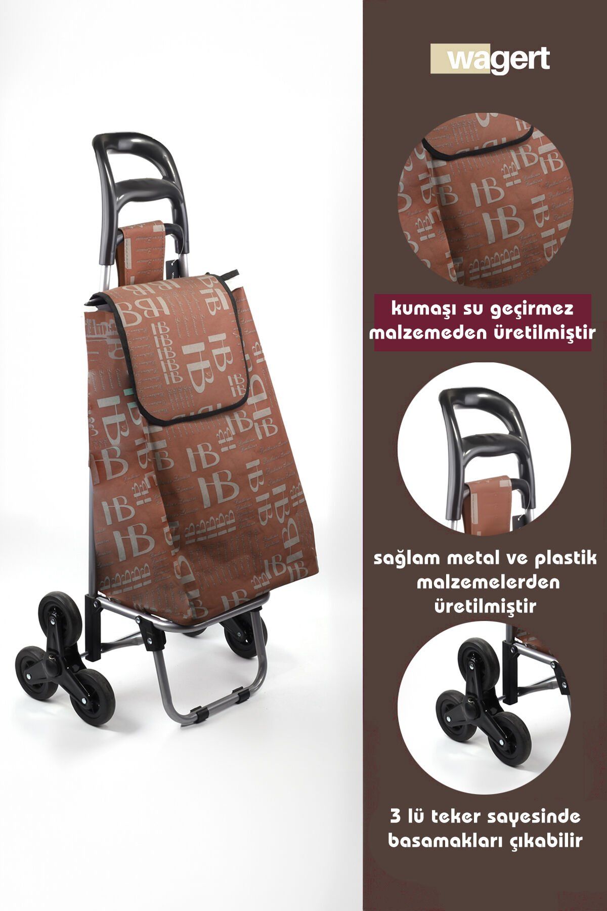 Merdiven Çıkabilen 3 Tekerlekli Su Geçirmez Çantalı Alüminyum Gövdeli Pazar Arabası Kahverengi