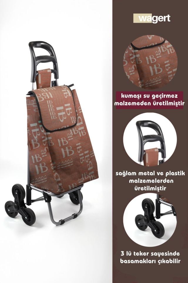 Merdiven Çıkabilen 3 Tekerlekli Su Geçirmez Çantalı Alüminyum Gövdeli Pazar Arabası Kahverengi