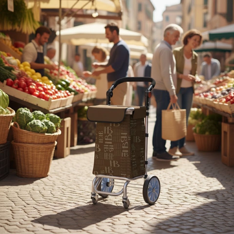 360° Döner 4 Tekerlekli Su Geçirmez Çantalı Alüminyum Pazar Arabası Kahverengi