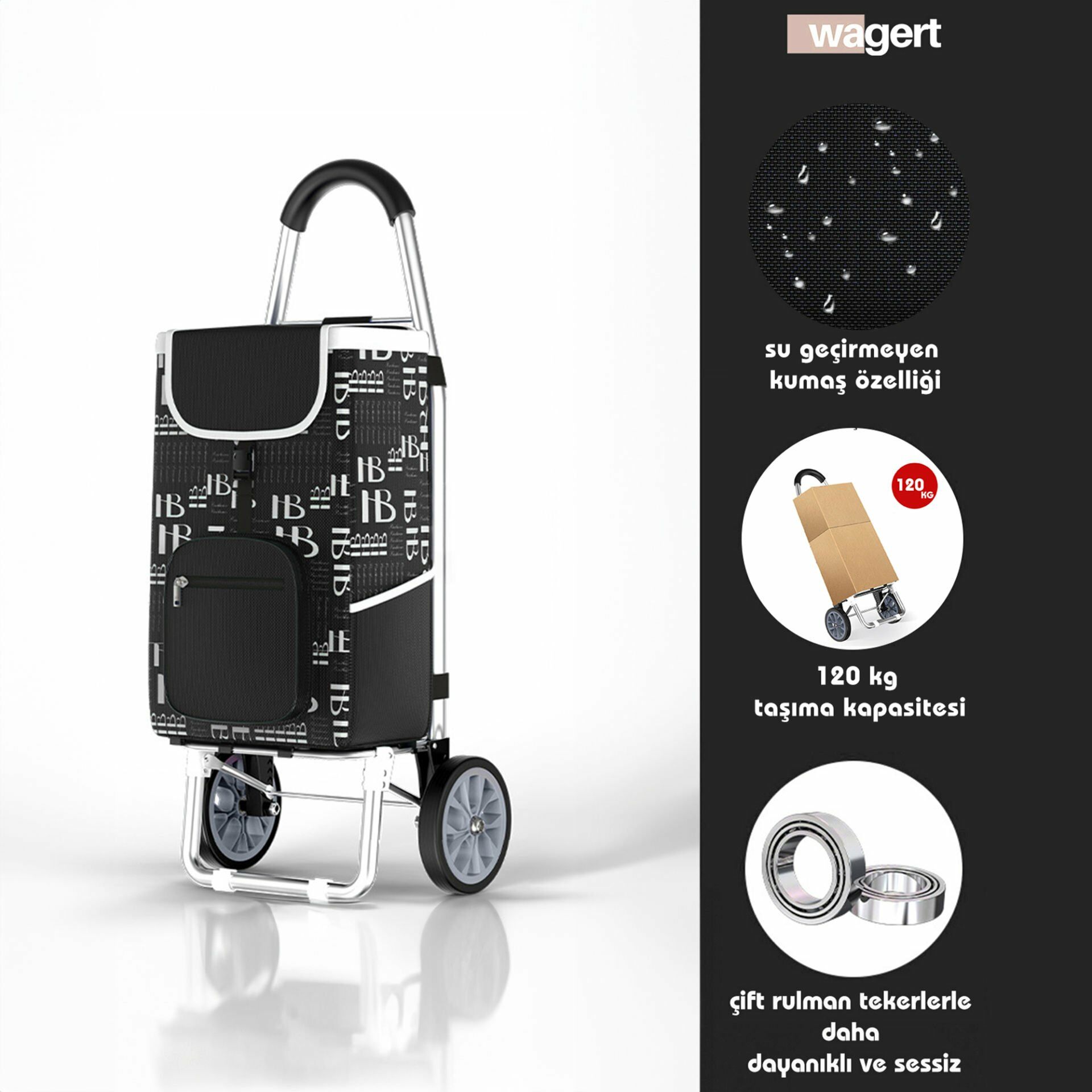 Su Geçirmez Sessiz Rulmanlı Alüminyum Tekerlekli Katlanabilir Pazar Arabası Siyah