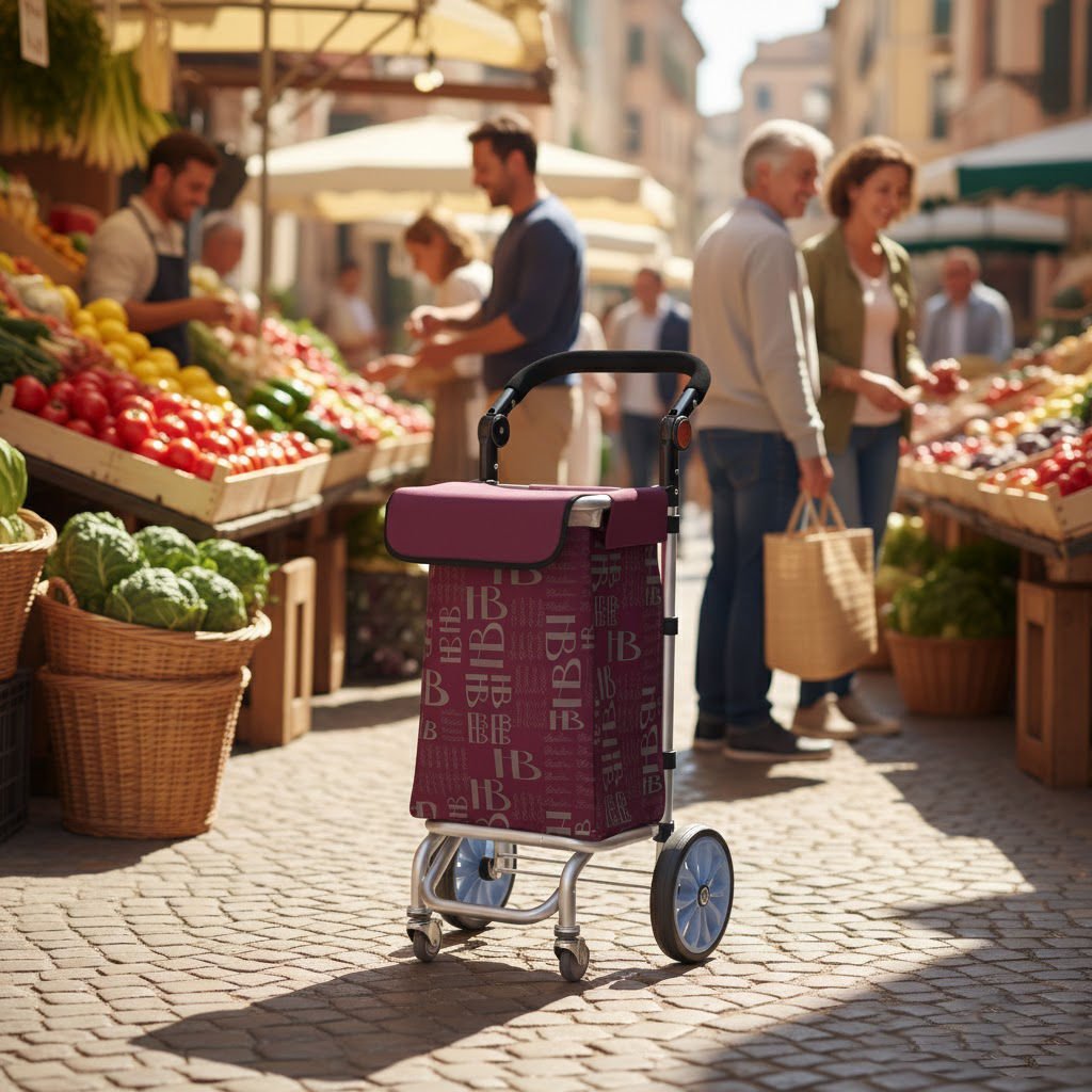 360° Döner 4 Tekerlekli Su Geçirmez Çantalı Alüminyum Pazar Arabası Bordo
