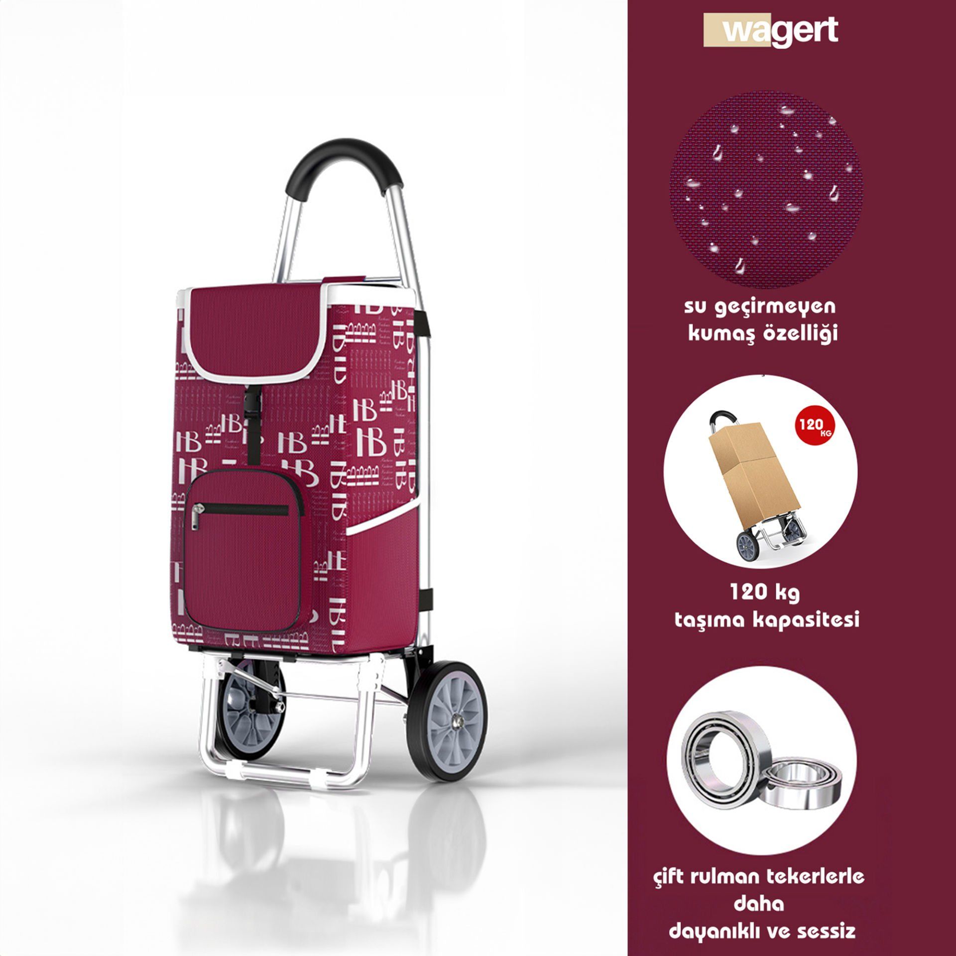 Su Geçirmez Sessiz Rulmanlı Alüminyum Tekerlekli Katlanabilir Pazar Arabası Kırmızı