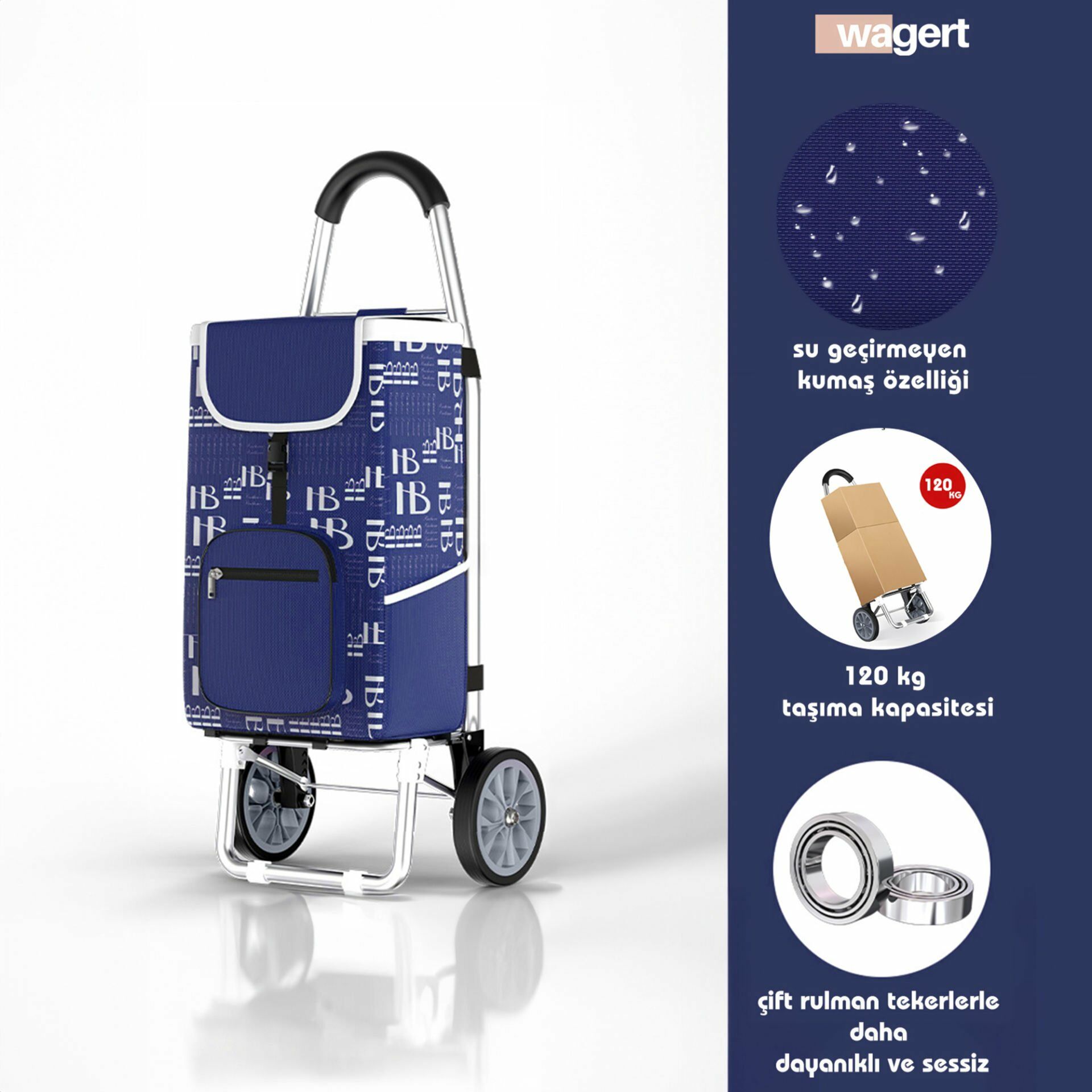 Su Geçirmez Sessiz Rulmanlı Alüminyum Tekerlekli Katlanabilir Pazar Arabası Lacivert