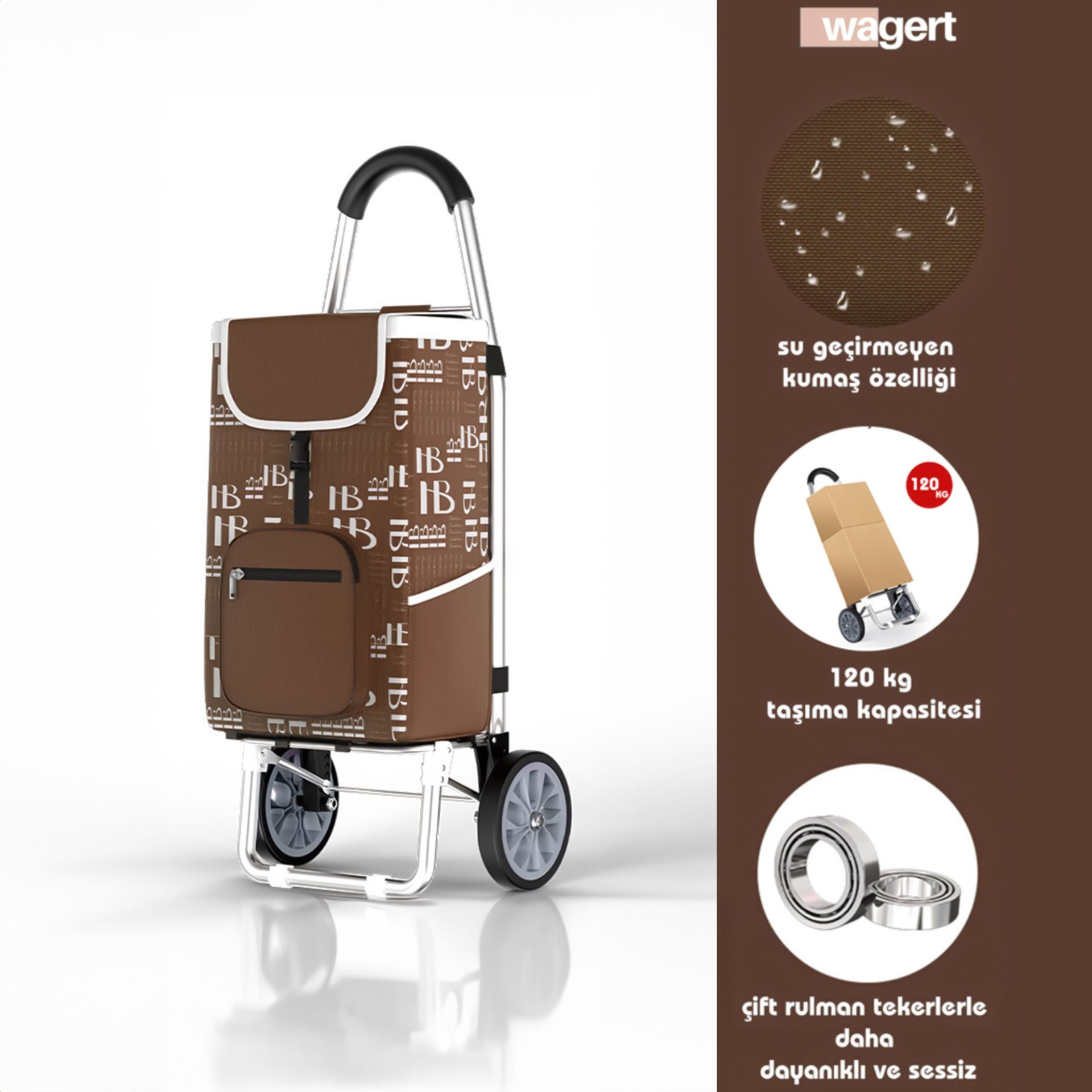 Su Geçirmez Sessiz Rulmanlı Alüminyum Tekerlekli Katlanabilir Pazar Arabası Kahverengi