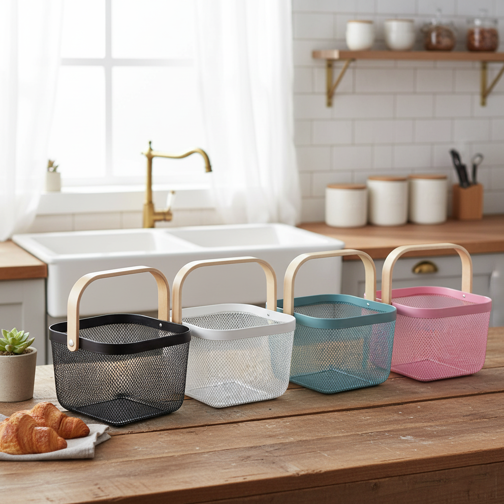 Ahşap Saplı Metal Hasır Kare Sepet Organizer Çok Amaçlı Mutfak Banyo Dolap İçi Dekoratif Düzenleyici