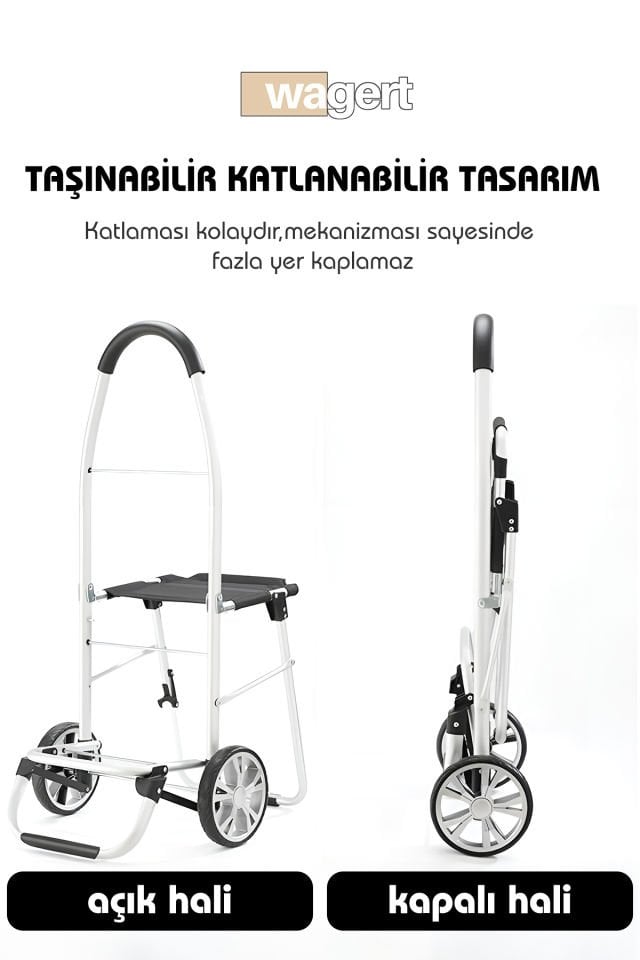 Ses Yapmaz Tekerlekli Su Geçirmez Çantalı Oturmalı Aliminyum Gövdeli Lüks Pazar Arabası Siyah