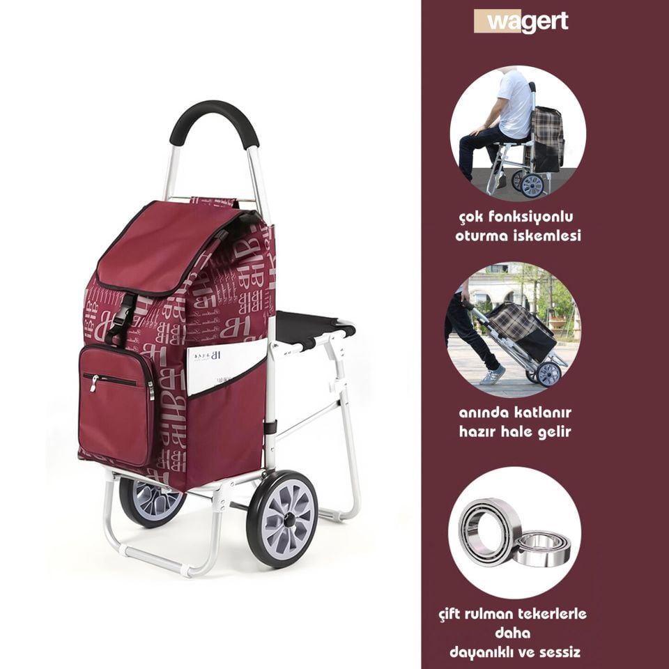 Ses Yapmaz Tekerlekli Su Geçirmez Çantalı Oturmalı Aliminyum Gövdeli Lüks Pazar Arabası Kırmızı