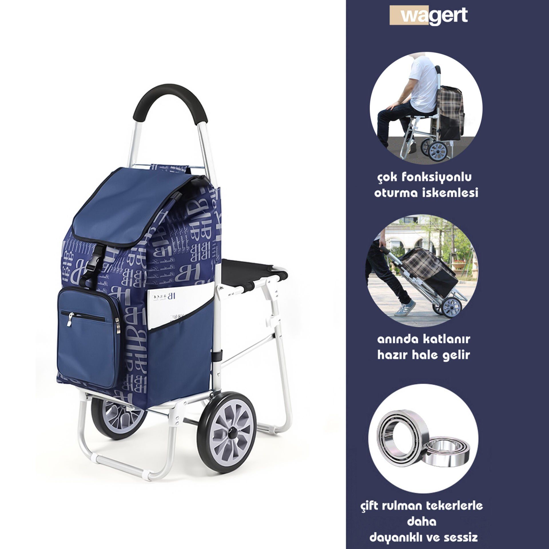 Ses Yapmaz Tekerlekli Su Geçirmez Çantalı Oturmalı Aliminyum Gövdeli Lüks Pazar Arabası Lacivert