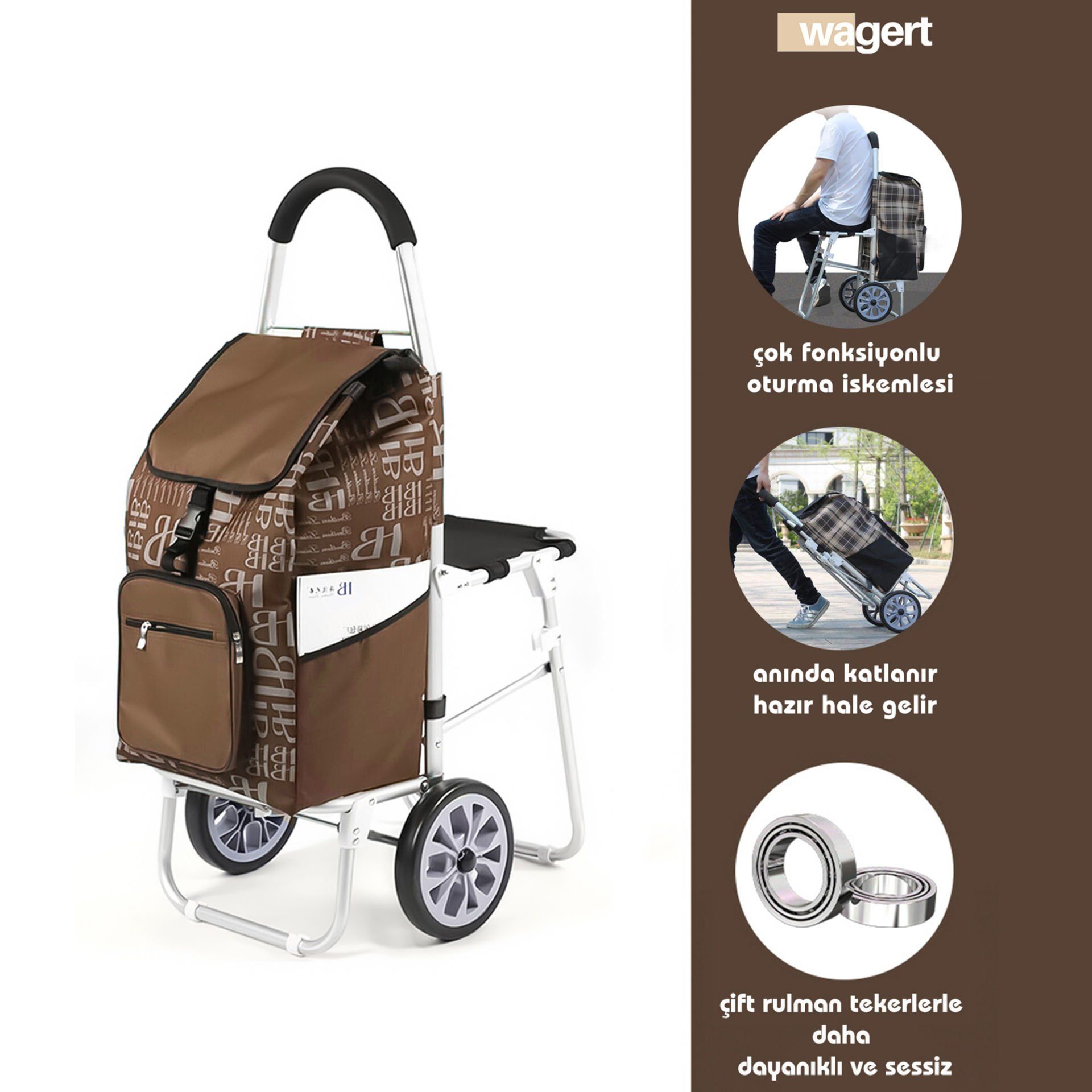 Ses Yapmaz Tekerlekli Su Geçirmez Çantalı Oturmalı Aliminyum Gövdeli Lüks Pazar Arabası Kahverengi