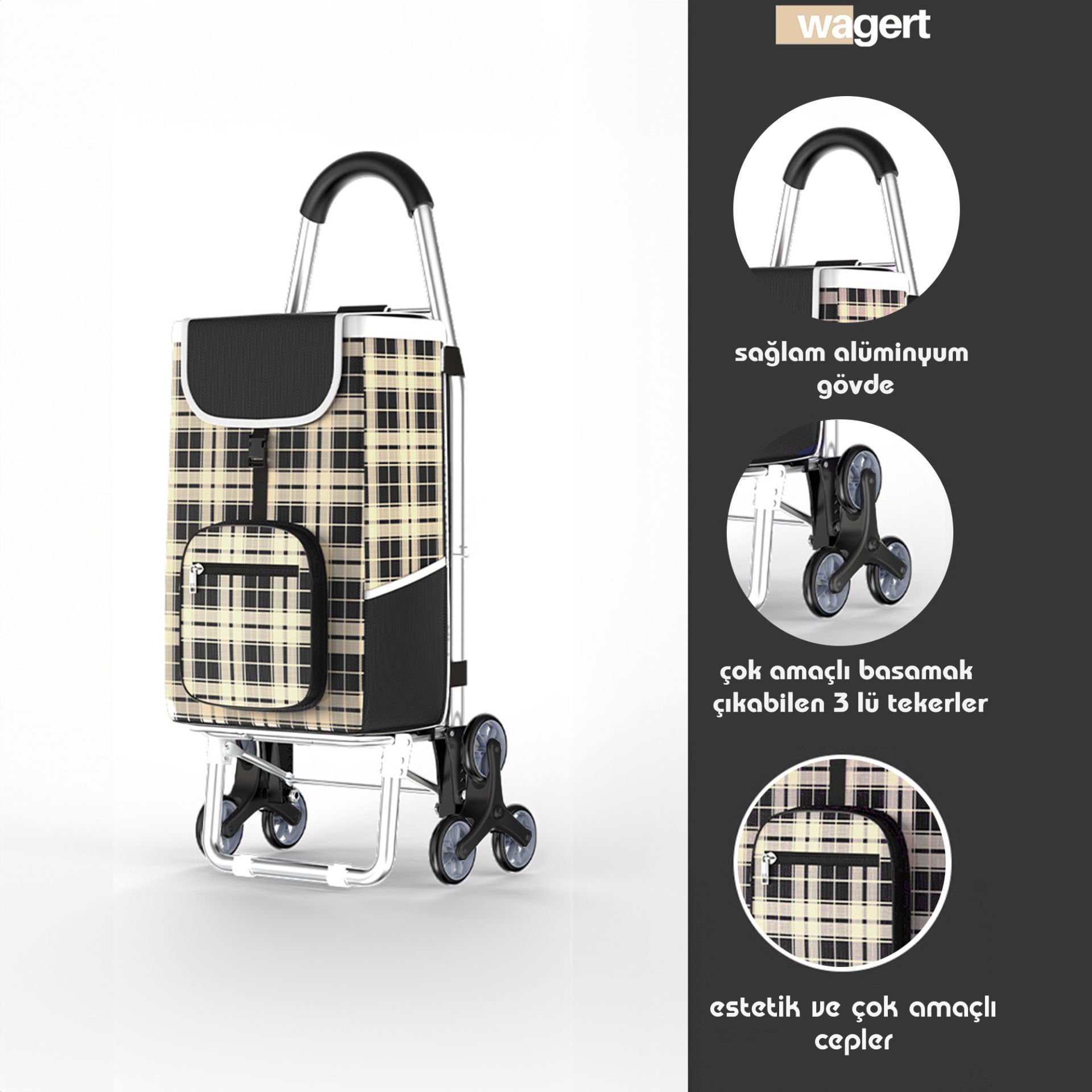 3 Tekerlekli Su Geçirmez Çantalı Aliminyum Gövdeli Lüks Pazar Arabası Siyah