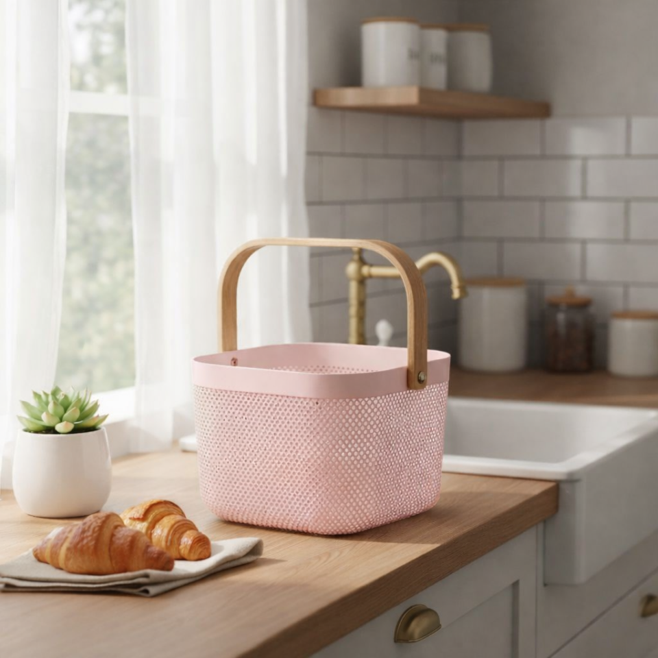 Beyaz Ahşap Saplı Kare Metal Tel Sepet Organizer Modern Dekoratif Sunum & Meyvelik