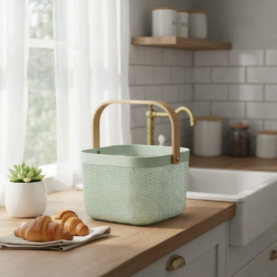 Beyaz Ahşap Saplı Kare Metal Tel Sepet Organizer Modern Dekoratif Sunum & Meyvelik