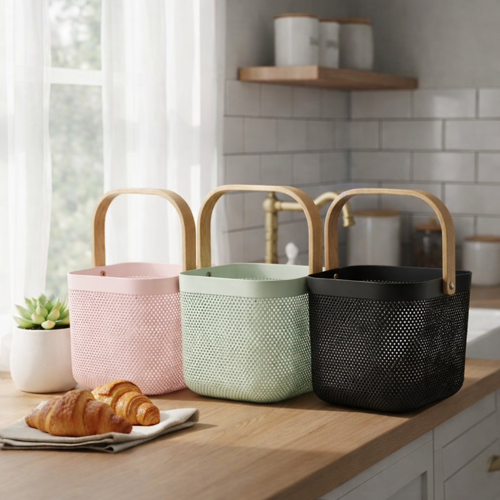 Beyaz Ahşap Saplı Kare Metal Tel Sepet Organizer Modern Dekoratif Sunum & Meyvelik