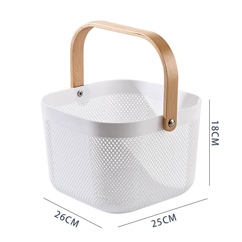 Beyaz Ahşap Saplı Kare Metal Tel Sepet Organizer Modern Dekoratif Sunum & Meyvelik