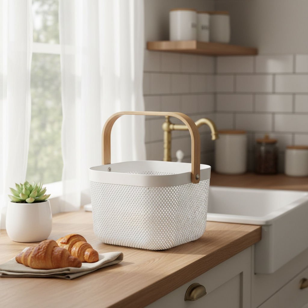 Beyaz Ahşap Saplı Kare Metal Tel Sepet Organizer Modern Dekoratif Sunum & Meyvelik