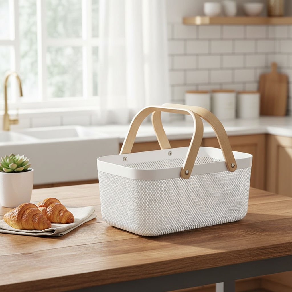 Beyaz Ahşap Saplı Dikdörtgen Metal Tel Sepet Organizer Modern Dekoratif Sunum & Meyvelik