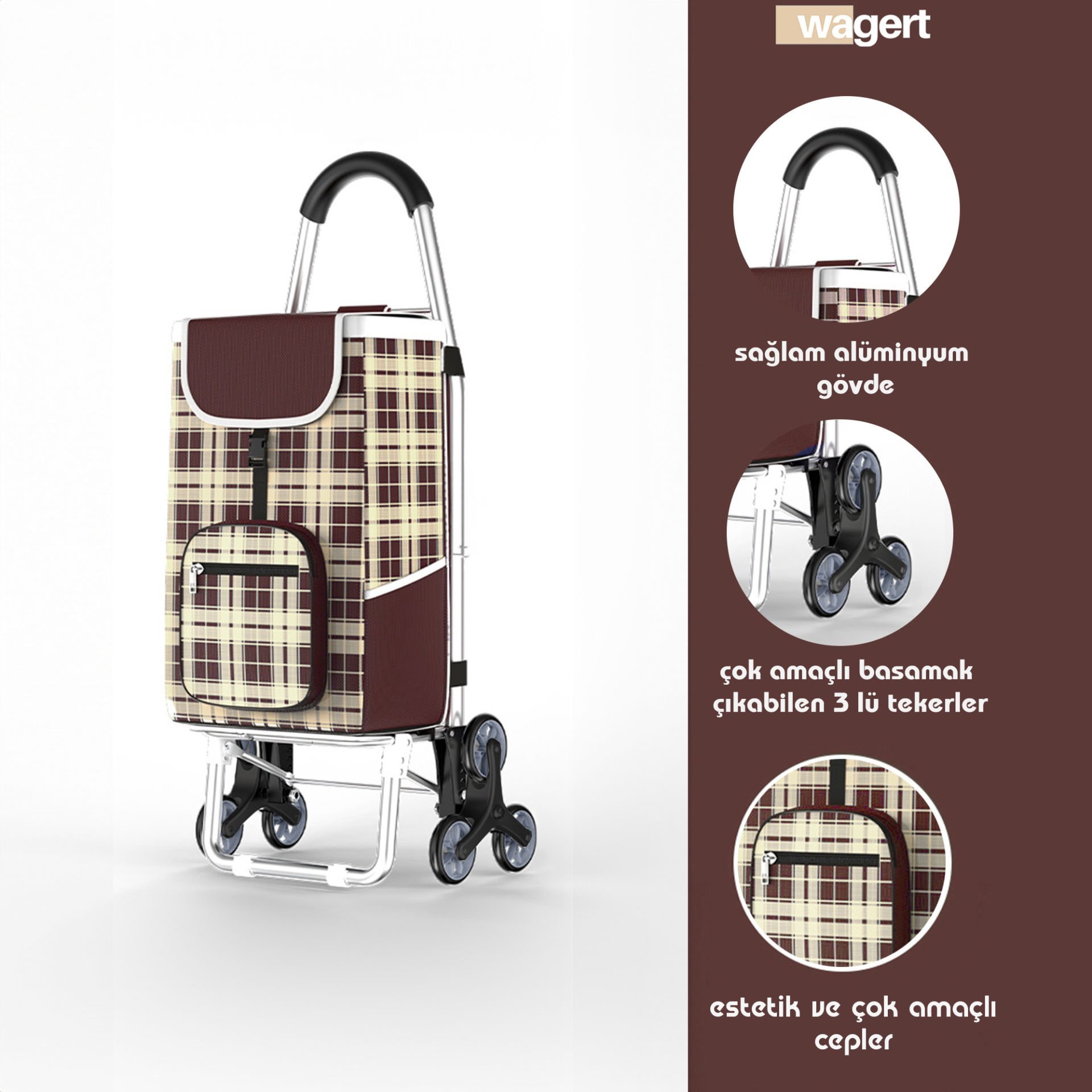 3 Tekerlekli Su Geçirmez Çantalı Aliminyum Gövdeli Lüks Pazar Arabası Kahverengi