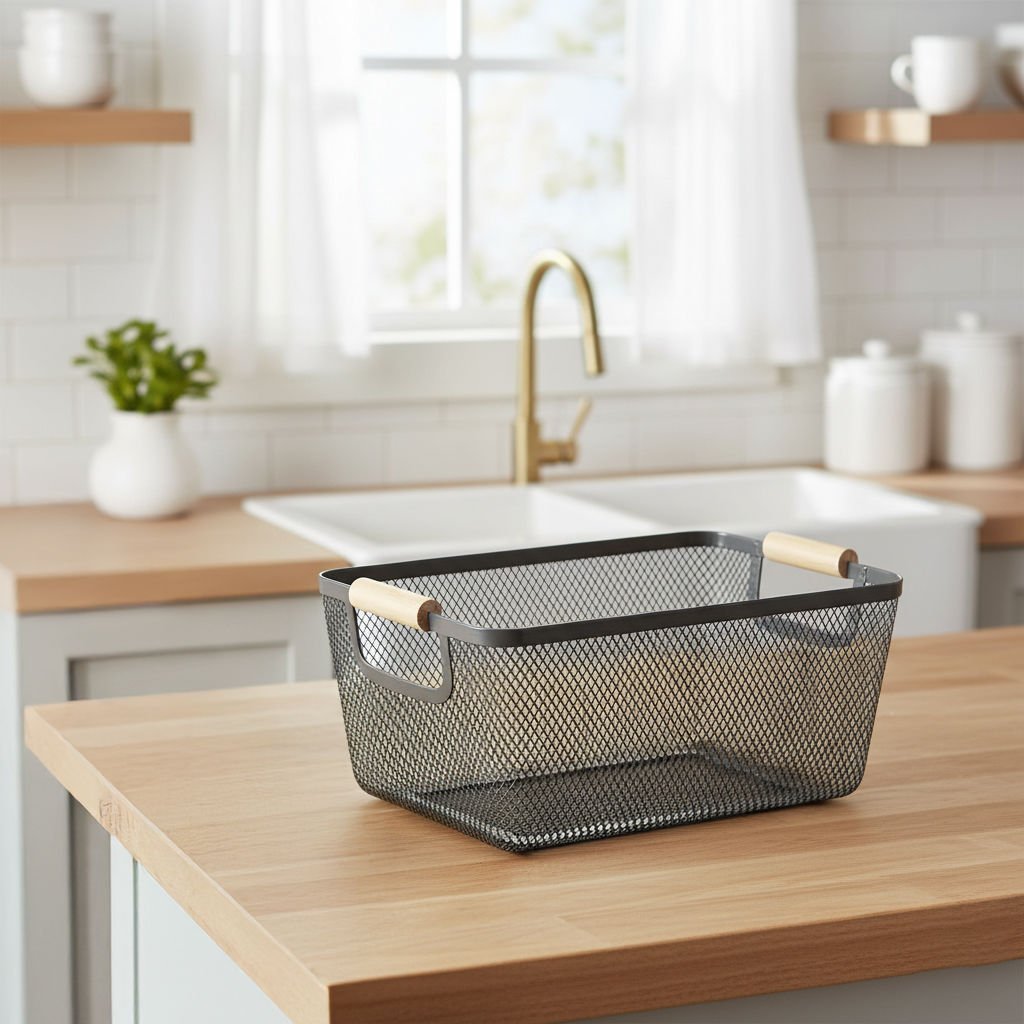 Dikdörtgen Siyah Metal Hasır Sepet Ahşap Saplı Organizer Mutfak Banyo Dolap İçi Düzenleyici
