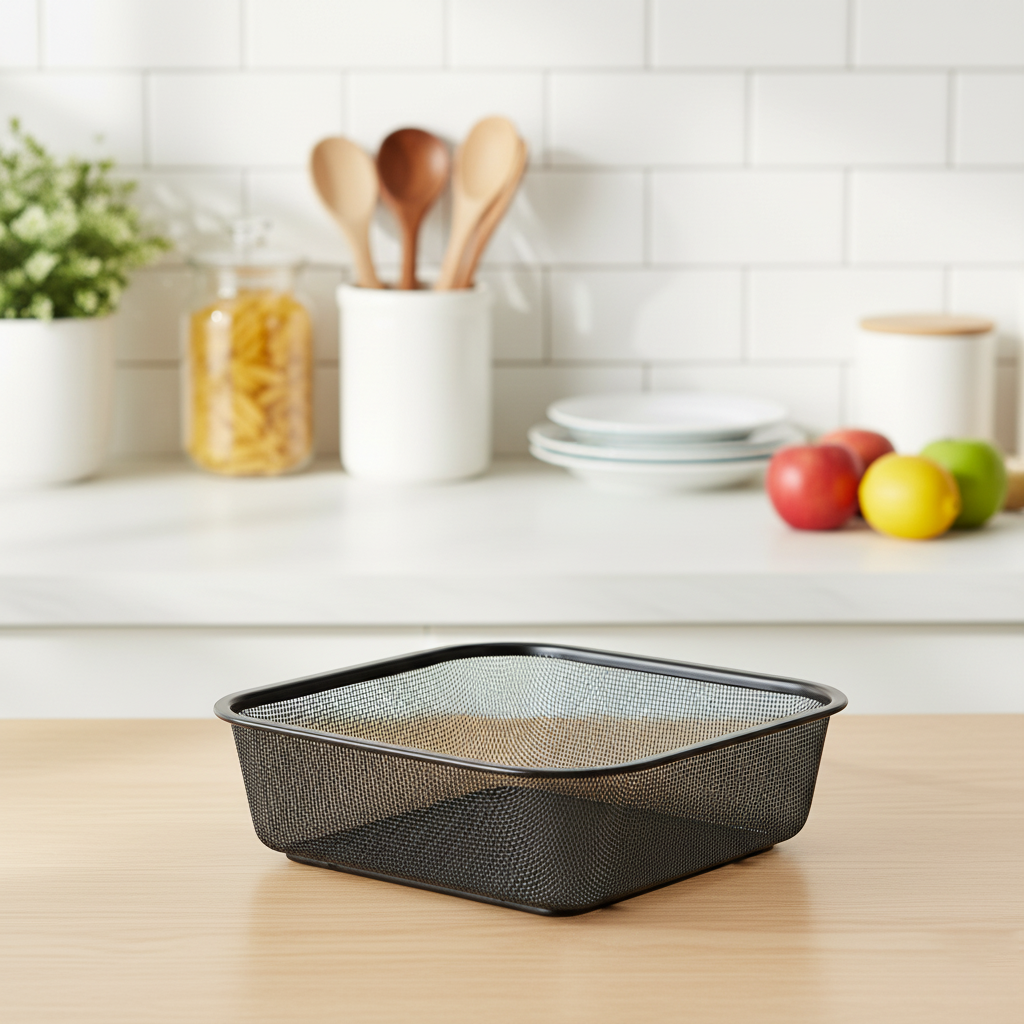 Kare Siyah Metal Süzgeç | Çok Amaçlı Sebze Meyve Yıkama ve Servis Sepeti 24 cm