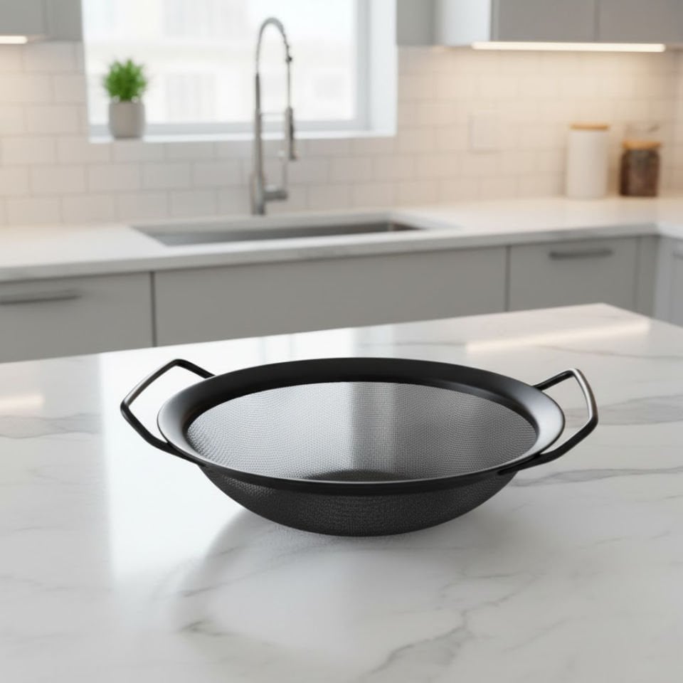 Siyah Paslanmaz Çelik Süzgeç Kase Makarna Pirinç Sebze Yıkama Kevgiri 30 cm