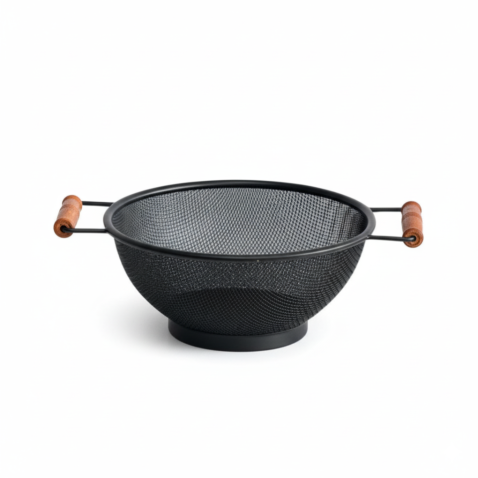 Ahşap Kulplu Siyah Metal File Süzgeç | Sebze Meyve Yıkama ve Servis Sepeti Sunumluk 22 cm