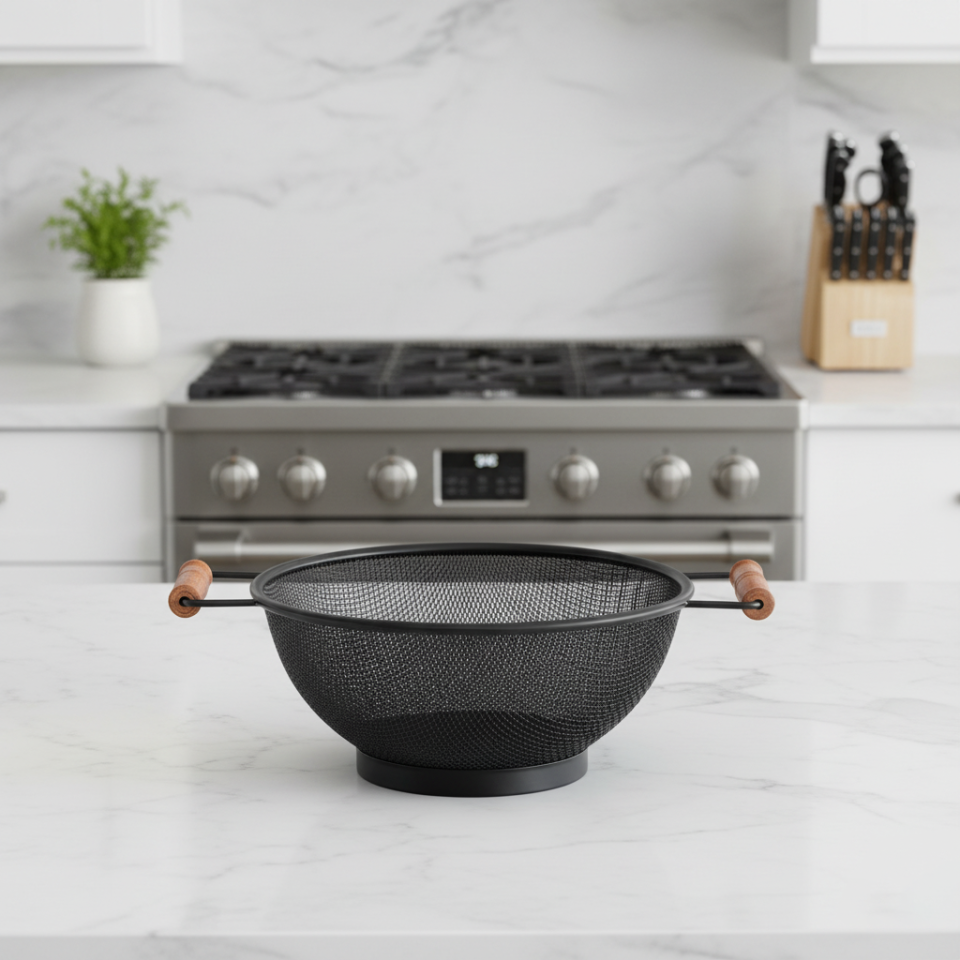 Ahşap Kulplu Siyah Metal File Süzgeç | Sebze Meyve Yıkama ve Servis Sepeti Sunumluk 22 cm