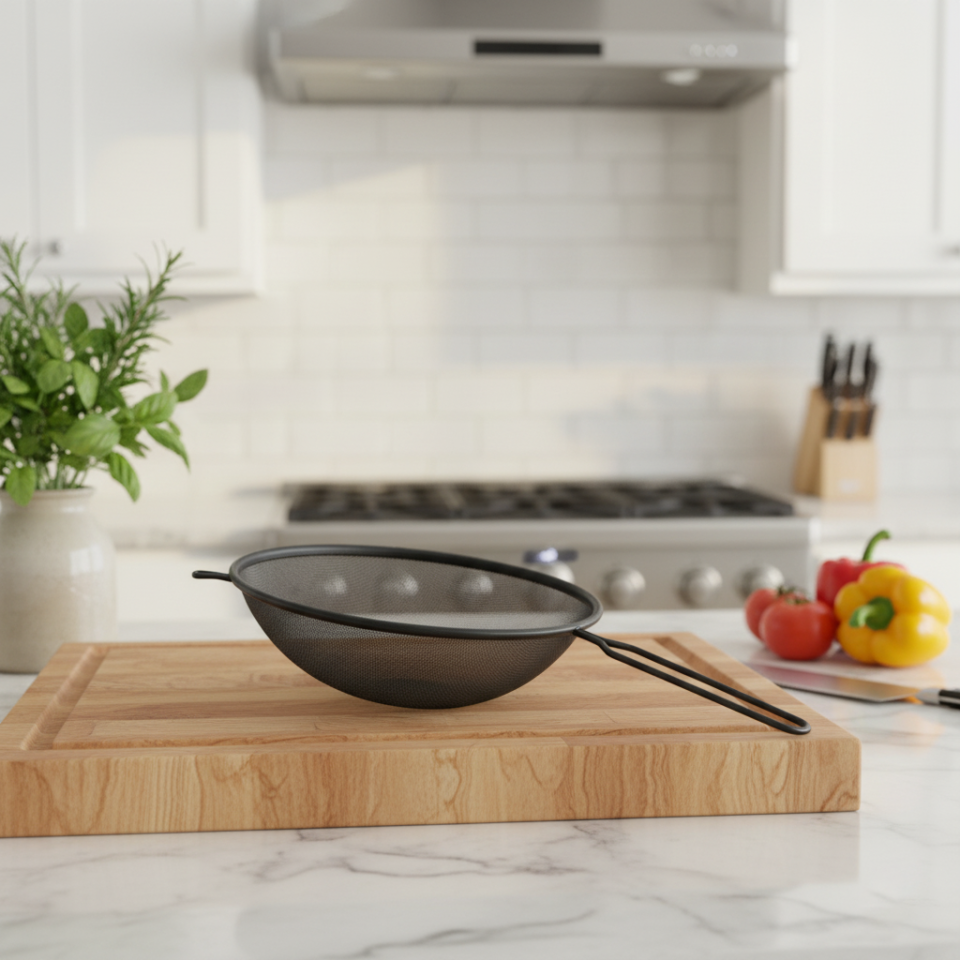 Uzun Saplı Siyah Metal İnce Elek Süzgeç | Un, Pudra Şekeri ve Baharat Süzgeci Mutfak Gereci 24 Cm