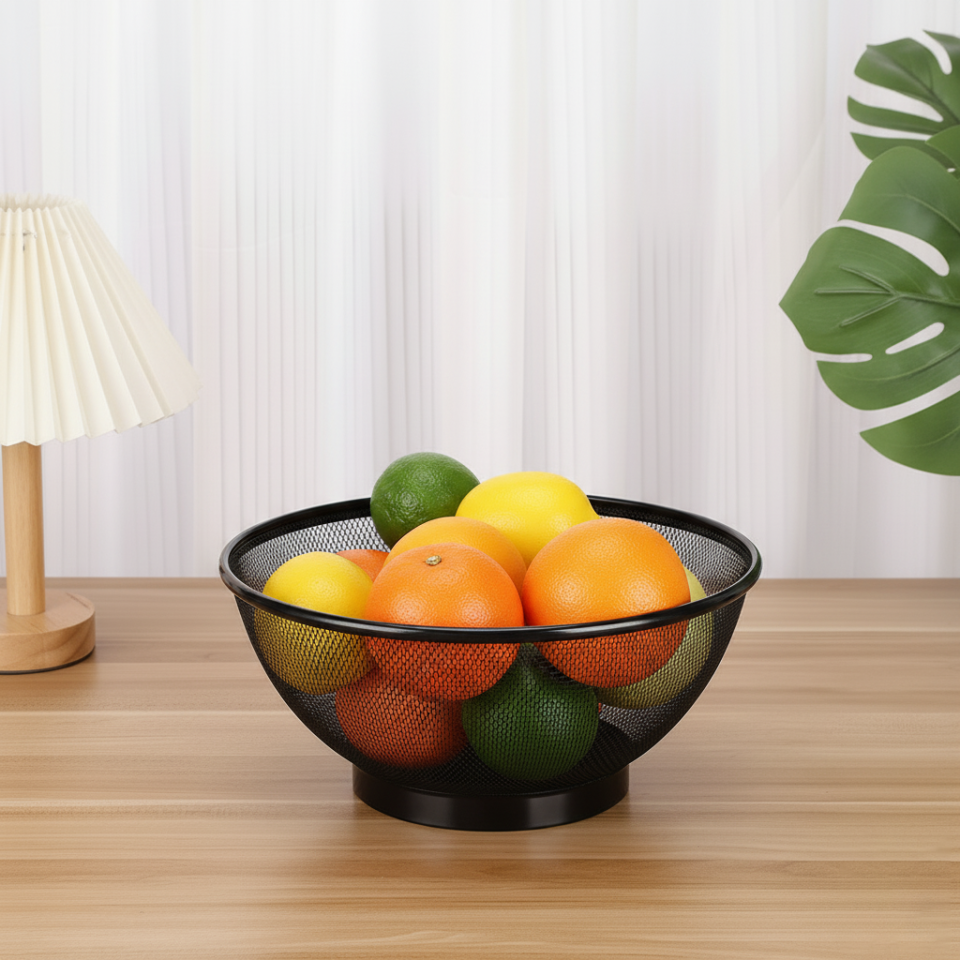 Büyük Boy Siyah Metal Meyvelik | Çok Amaçlı Ekmek, Sebze ve Atıştırmalık Sunum Sepeti 28 Cm