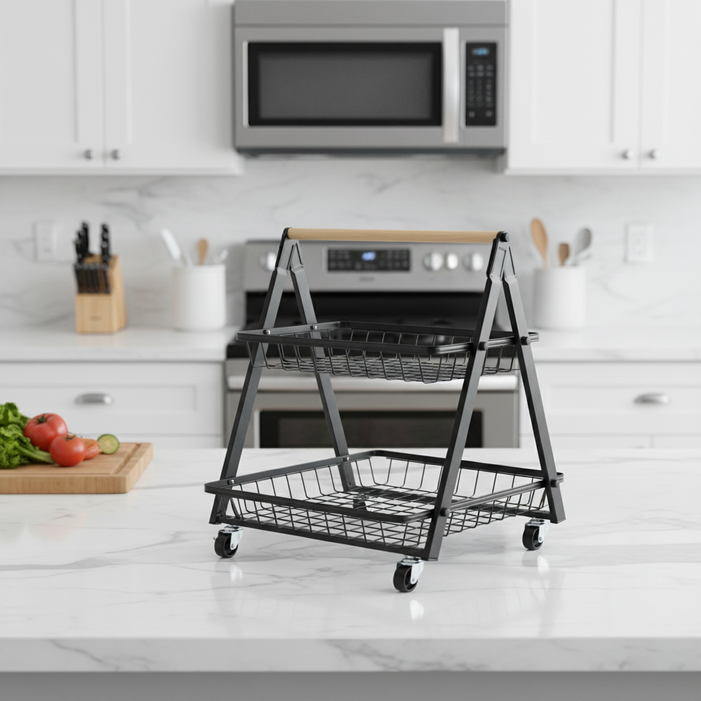 2 Katlı Tekerlekli Metal Mutfak Organizer Sepet | Sebzelik, Meyvelik, Kiler Düzenleyici Raf