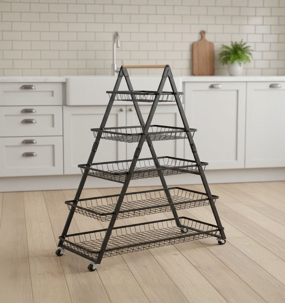 5 Katlı Tekerlekli Metal Mutfak Organizer Sepet | Sebzelik, Meyvelik, Kiler Düzenleyici Raf