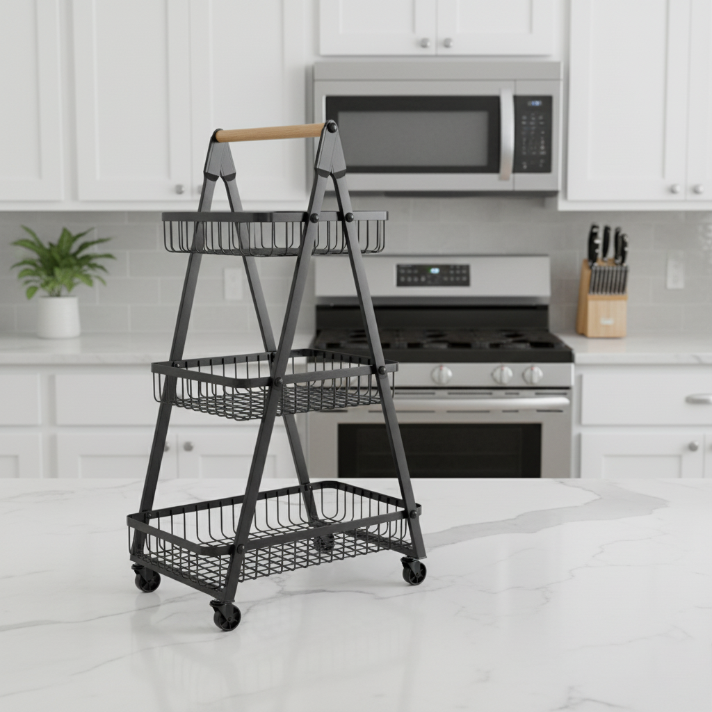 3 Katlı Tekerlekli Metal Mutfak Organizer Sepet | Sebzelik, Meyvelik, Kiler Düzenleyici Raf