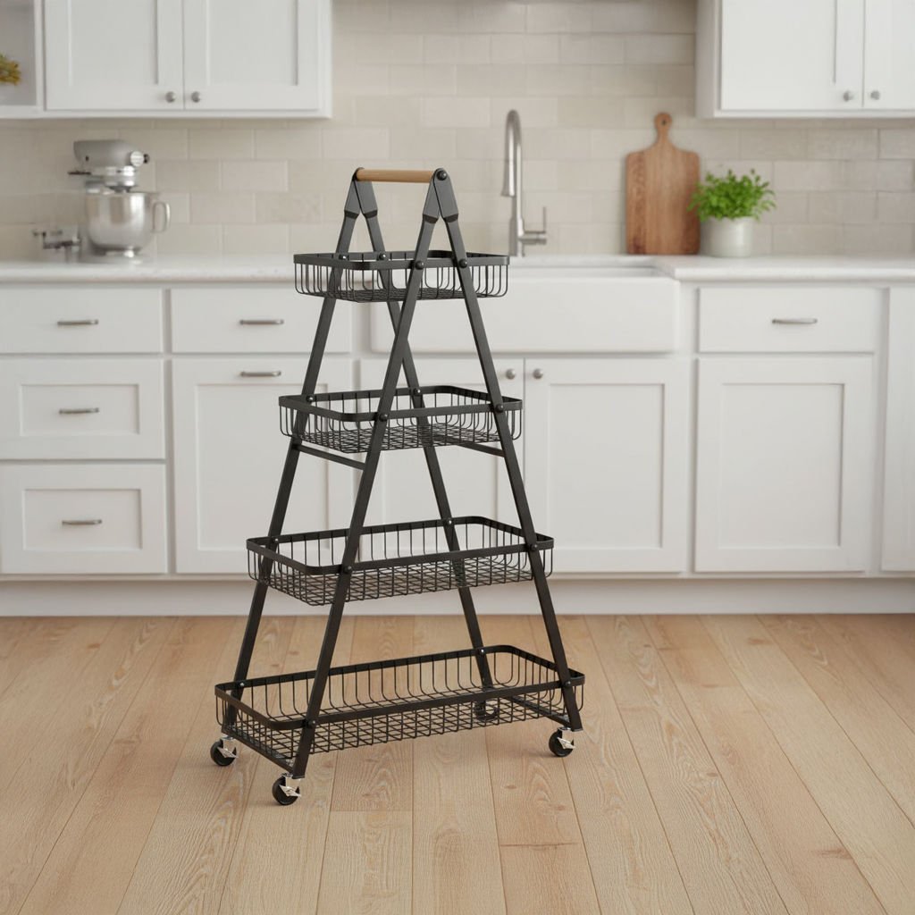 4 Katlı Tekerlekli Metal Mutfak Organizer Sepet | Sebzelik, Meyvelik, Kiler Düzenleyici Raf