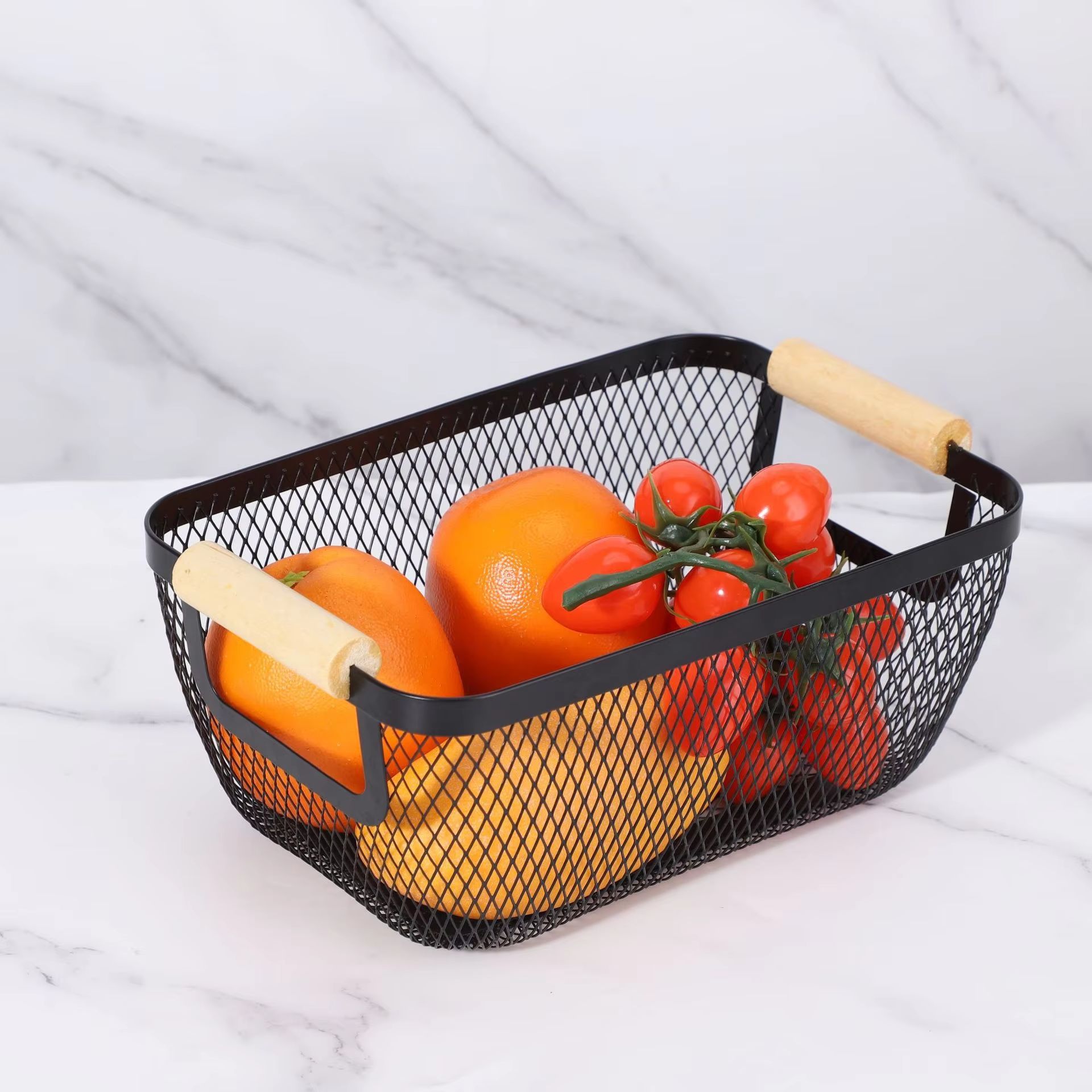 Büyük Boy Siyah Ahşap Saplı Dikdörtgen Metal Sepet Organizer Mutfak Banyo Dolap İçi Düzenleyici