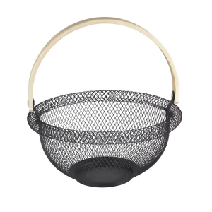 Siyah Ahşap Saplı Yuvarlak Metal Hasır Sepet Meyvelik Dekoratif Sunum & Organizer