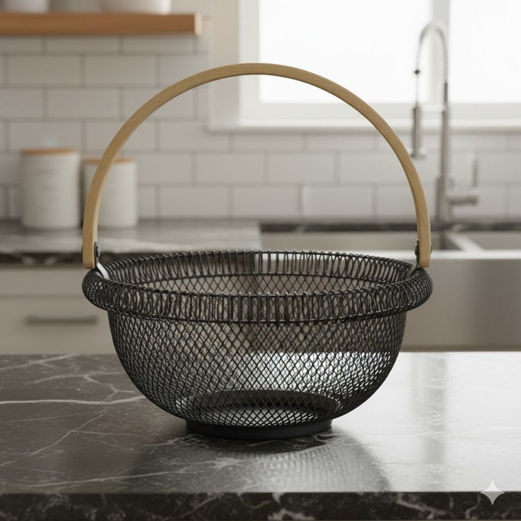 Siyah Ahşap Saplı Yuvarlak Metal Hasır Sepet Meyvelik Dekoratif Sunum & Organizer