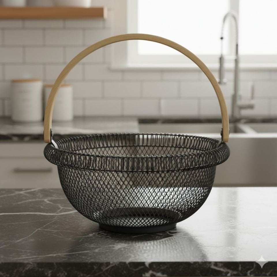 Siyah Ahşap Saplı Yuvarlak Metal Hasır Sepet Meyvelik Dekoratif Sunum & Organizer