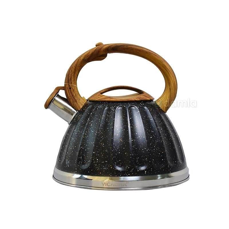 Bambu Kulplu Paslanmaz Çelik Siyah Düdüklü Çaydanlık Demlik 3,2 L