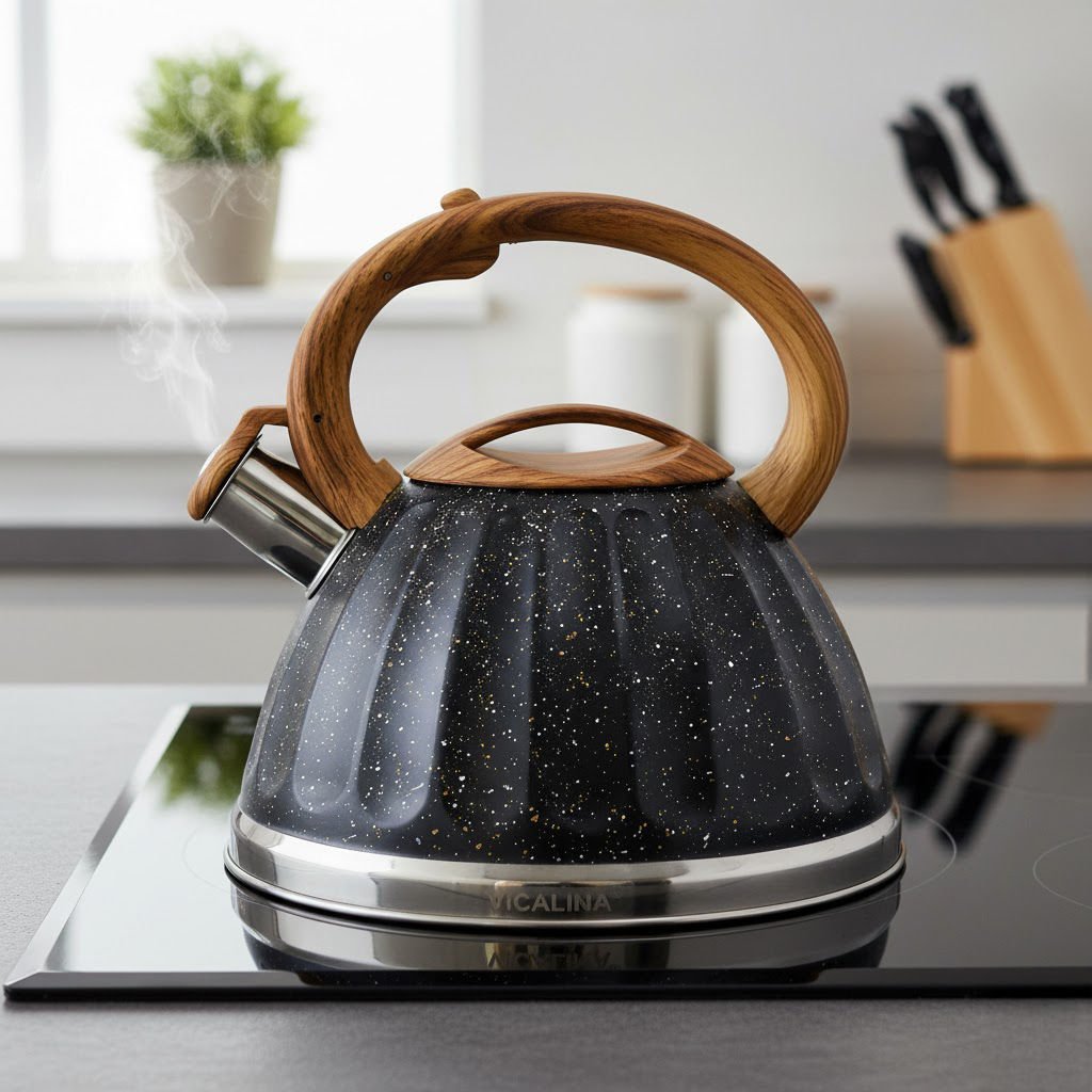 Bambu Kulplu Paslanmaz Çelik Siyah Düdüklü Çaydanlık Demlik 3,2 L