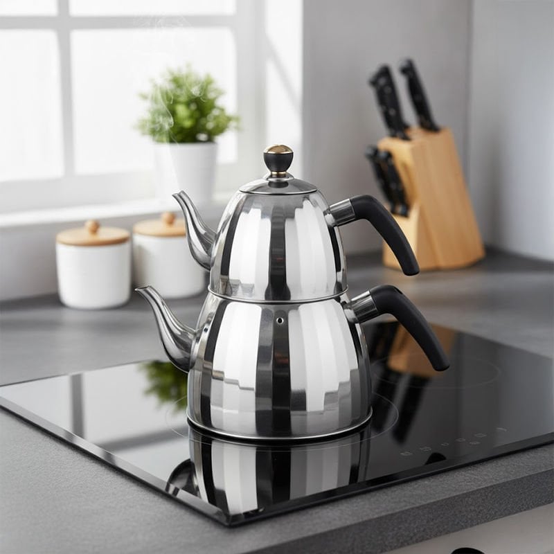 Ergonomik Kulplu Paslanmaz Çelik Gümüş Çaydanlık Takımı