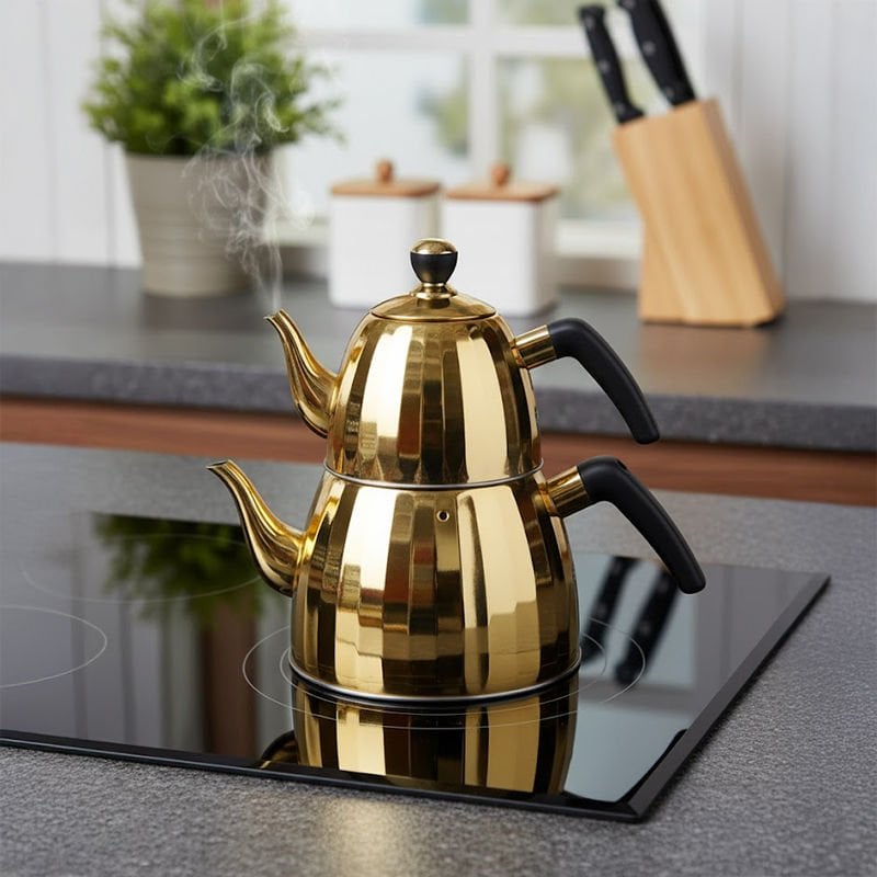 Ergonomik Kulplu Paslanmaz Çelik Gold Çaydanlık Takımı