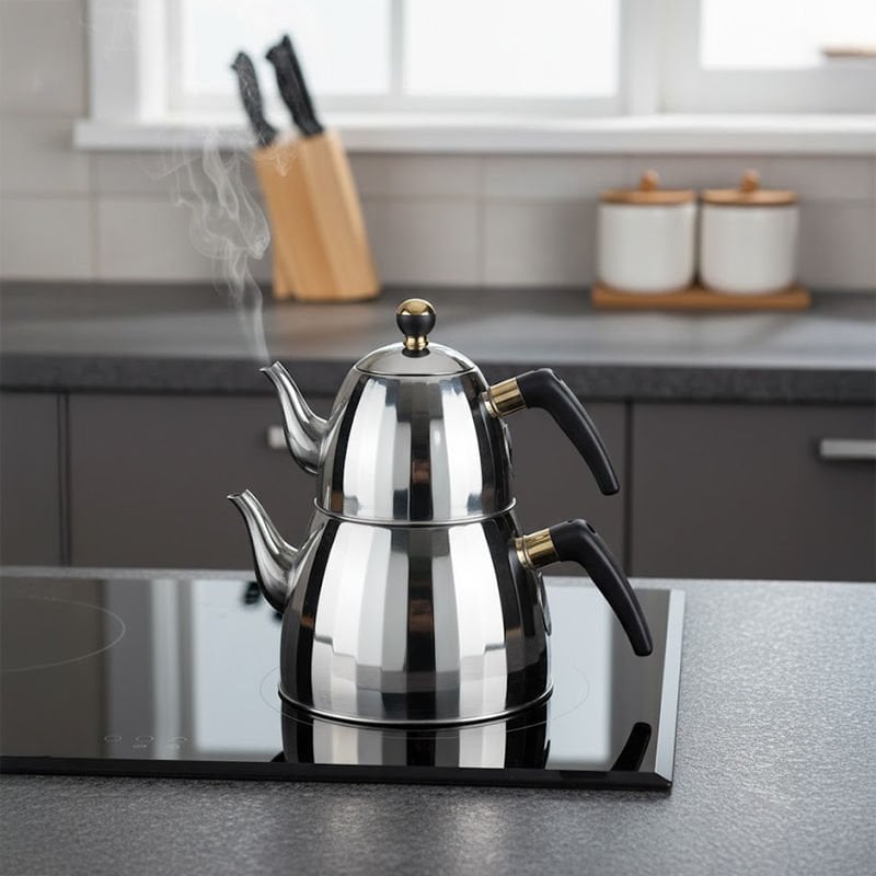 Ergonomik Kulplu Paslanmaz Çelik Füme Çaydanlık Takımı