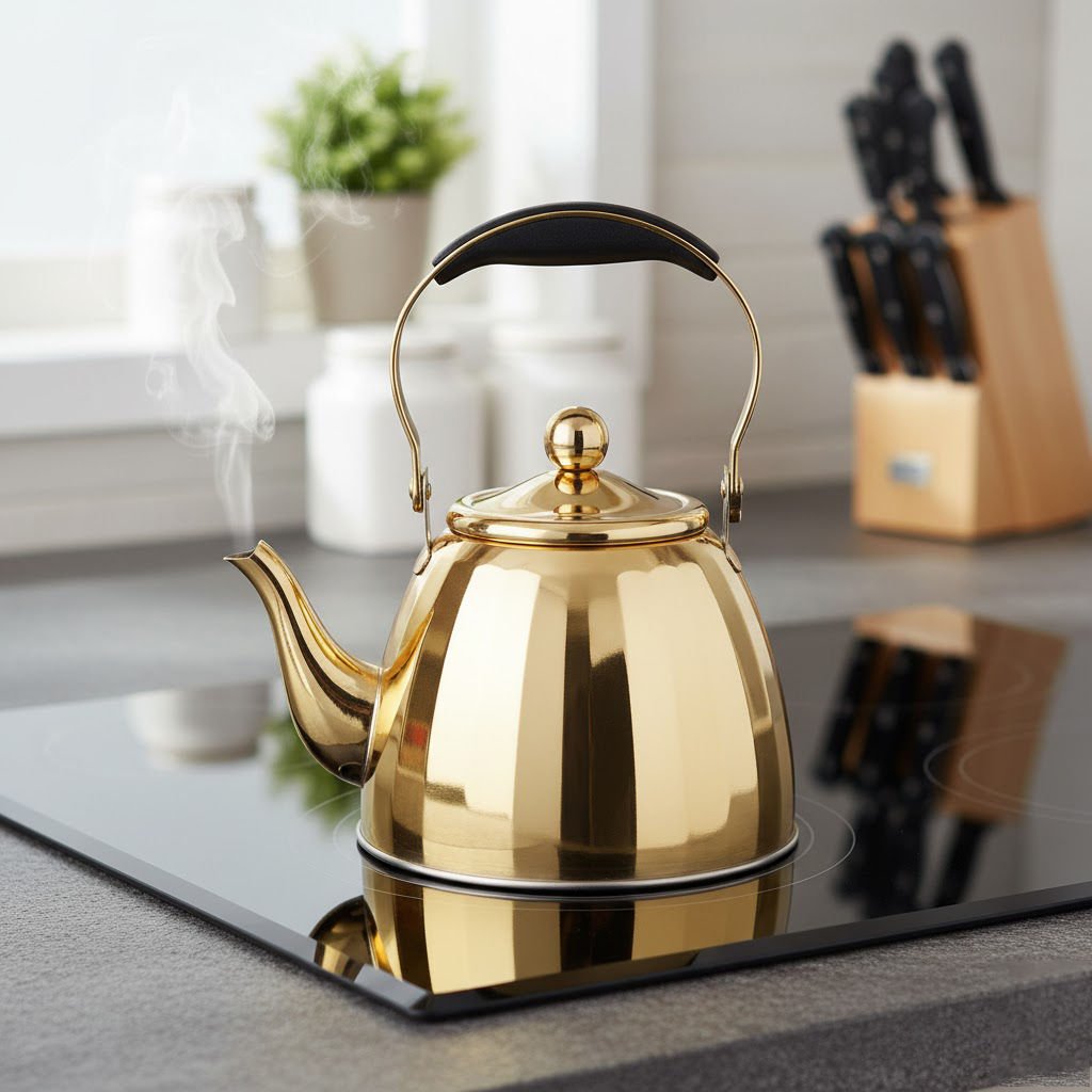 Ergonomik Kulplu Paslanmaz Çelik Gold Çaydanlık Demlik 2 L